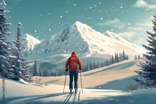 Obraz na płótnie Skiing Adventure in Snowy Mountains During Winter Under a Clear Sky w salonie