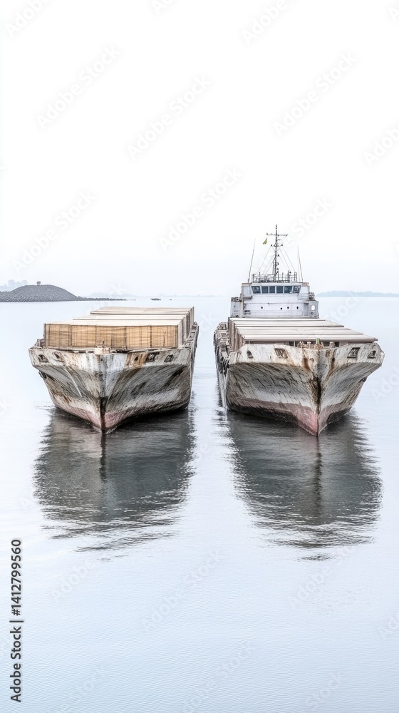 Fototapeta premium Two Aged Cargo Barges Docked at Serene Water Surface in a Tranquil Port Setting with Reflections and Calm Atmosphere