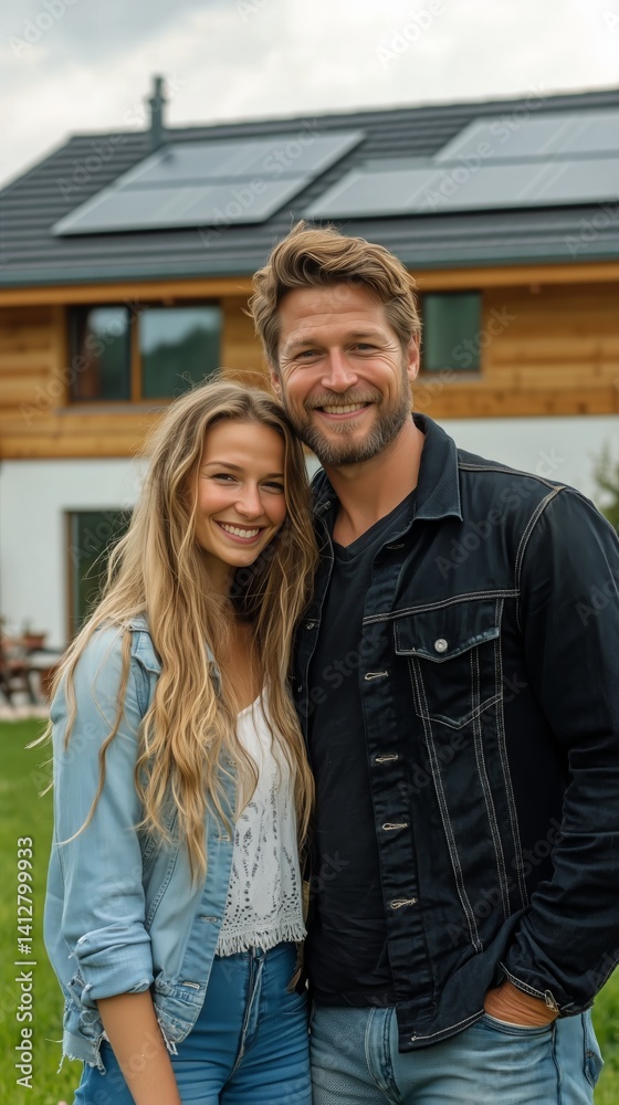 Smiling Couple Enjoying a Sunny Day in Front of a Modern House With a Wooden Exterior Smiling Couple Enjoying a Sunny Day in Front of a Modern House With a Wooden Exterior