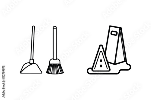 Broom And Dustpan With Wet Floor Sign Line Art For Cleaning Safety And Prevention