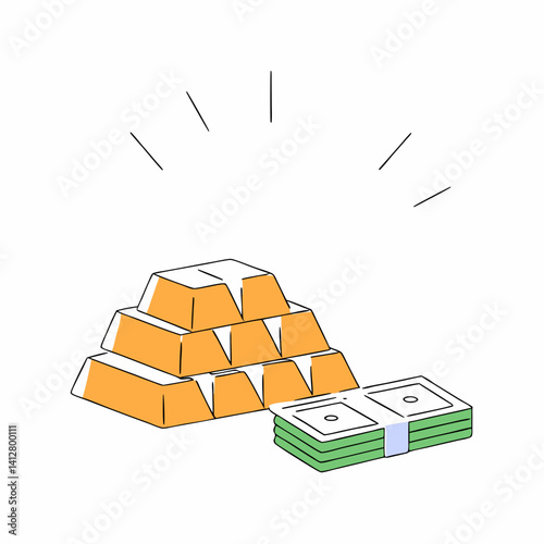 Stack of gold bars and money bundles with sparkling wealth effects