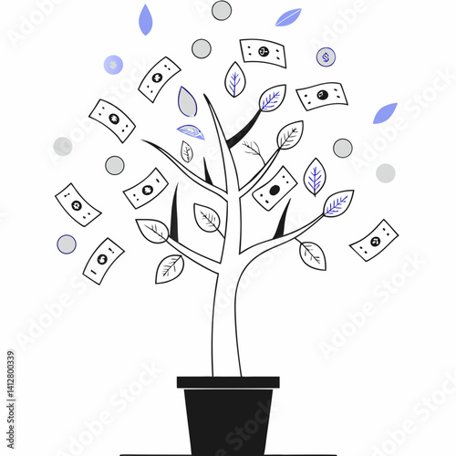 Floating money tree with currency notes and coins as leaves