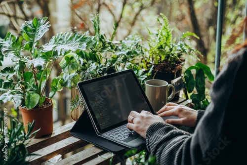 Woman Working on Laptop in a Green Garden Setting