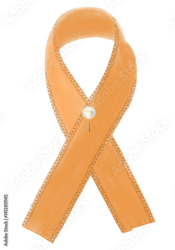 Lazo del cáncer de mama de color melocotón y borde marrón con alfiler. Símbolo de lucha contra el cáncer en la mujer. Ilustración vertical sin fondo. 