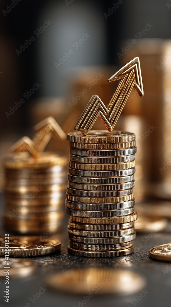 Growth in Financial Investments Displayed With Coins and Upward Arrows in a Modern Setting