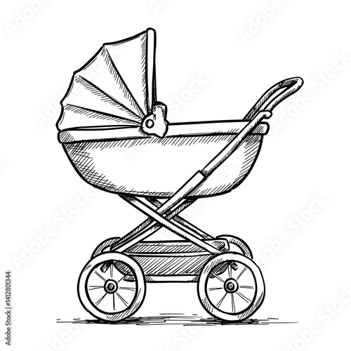 Baby stroller sketch design in black and white  
