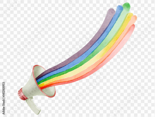 Creative megaphone with long, curved rainbow stream symbolizing the ongoing voice of love and artistic freedom.vector