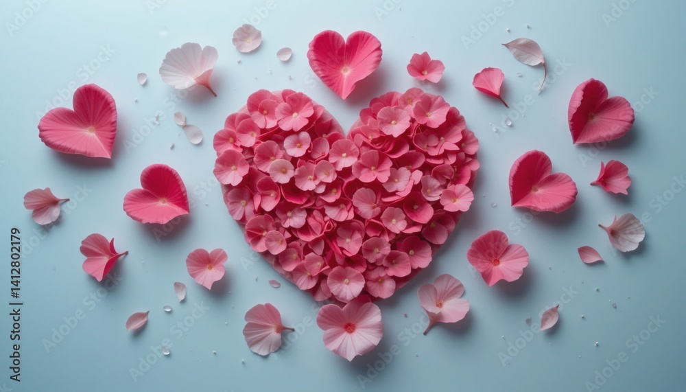 Romantic heart shape made of pink flower petals minimalist background floral art soft light creative concept Romantic heart shape made of pink flower petals minimalist background floral art soft light creative concept