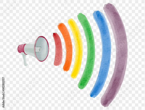 Minimalist megaphone with rainbow sound waves in watercolor, symbolizing unity, equality, and peaceful communication.vector