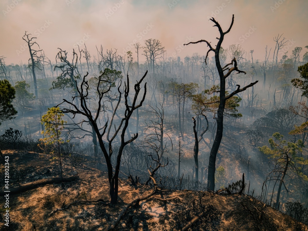 Forest landscape displays aftermath of severe wildfire in desolate terrain with charred trees and smoky skies