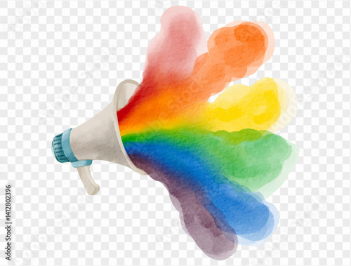 Hand painted megaphone with burst rainbow flare, symbolizing joy, diversity, and expressive empowerment through watercolor.vector