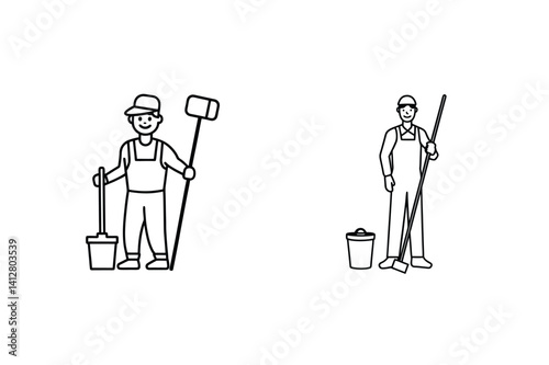 Outline Vector Illustration Of Cleaning Service Worker Holding Cleaning Equipment And Wearing Overall For Janitorial Service And Hygiene