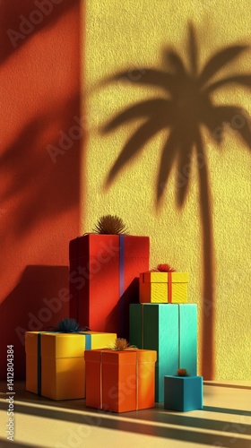 Colorful Gift Boxes Create a Festive Atmosphere With Vibrant Shadows on the Wall