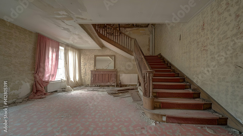 Abandoned Interior Staircase With Pink Decor