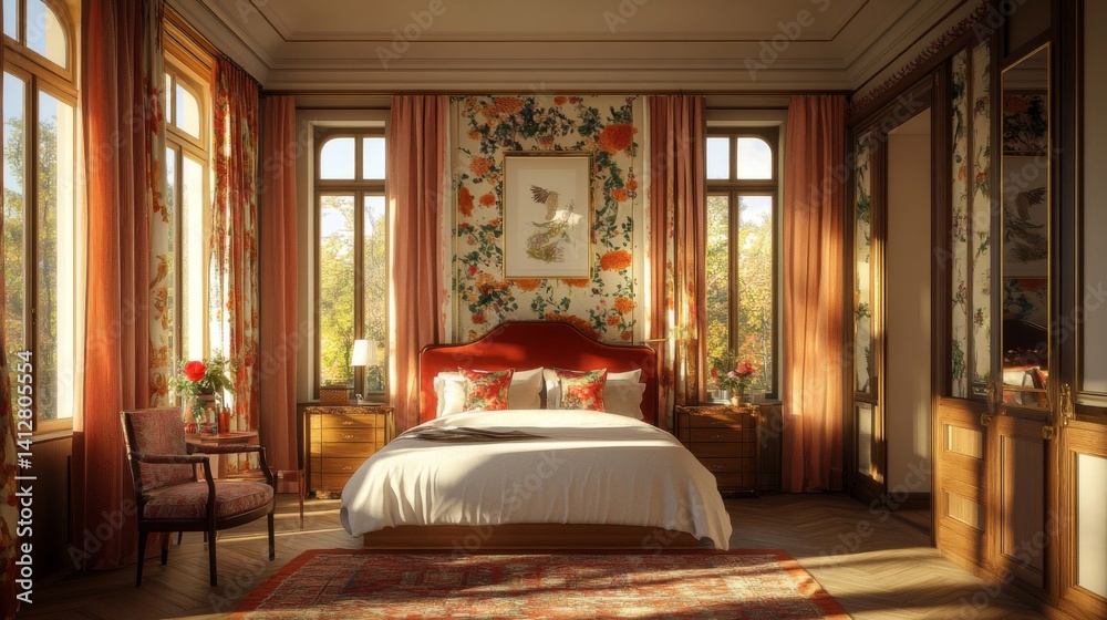 Fototapeta premium Sunlit Vintage Bedroom Interior Design With Floral Wallpaper