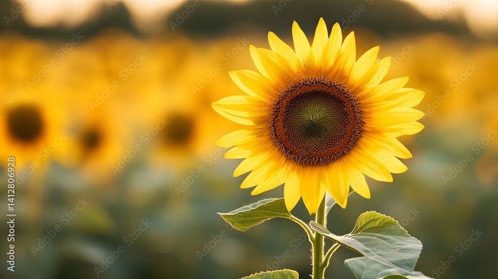 Fototapeta premium Dreamy Sunflower Field with Soft-Focus Bokeh Effect during Golden Hour