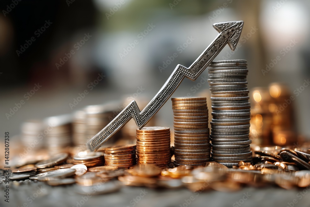 Coins and Rising Arrow Represent Growth in Finance and Investment Strategies in Modern Economy