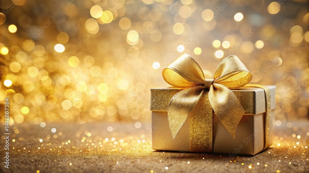 A Golden Gift Box with a Sparkling Bow on a Glittery Surface A Golden Gift Box with a Sparkling Bow on a Glittery Surface