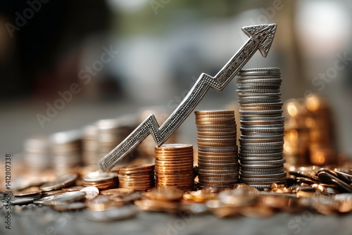 Obraz na płótnie Coins and Rising Arrow Represent Growth in Finance and Investment Strategies in Modern Economy w salonie