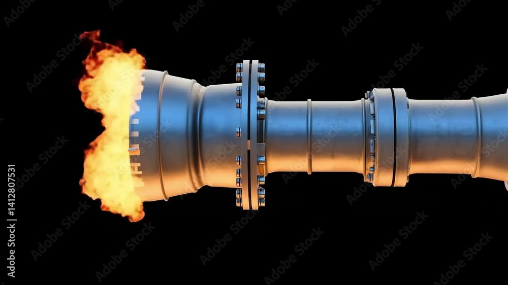 Metal jet engine with flames isolated on a black background
