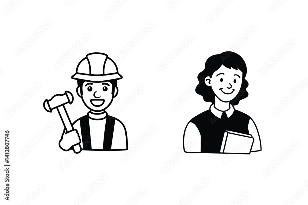 Two Professionals Line Art Illustration Man With Hammer And Woman Holding Document Simple Vector Image Two Professionals Line Art Illustration Man With Hammer And Woman Holding Document Simple Vector Image