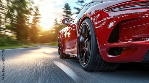 Red Sports Car Speeding Country Road Sunset.