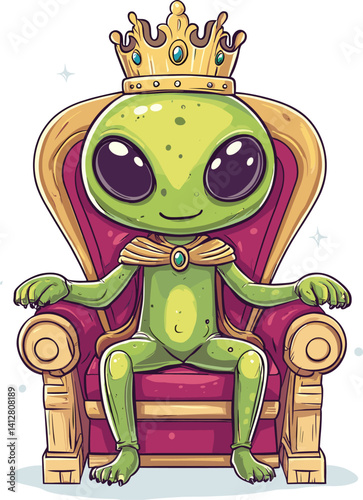 Cute  Alien King Sitting On Throne With Crown Cartoon