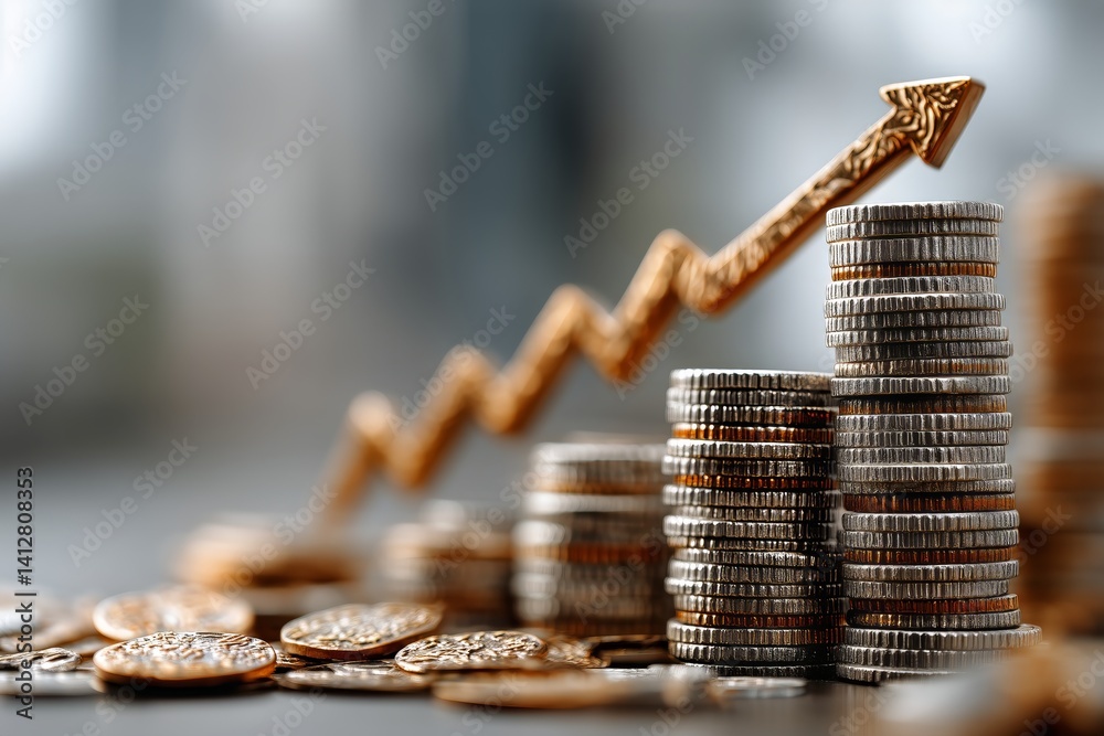 Coins and Rising Arrow Represent Growth in Finance and Investment Strategies in Modern Economy