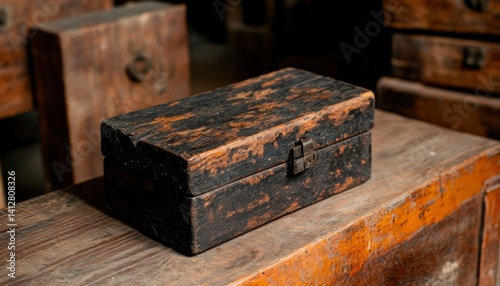 Antique wooden box on rustic table