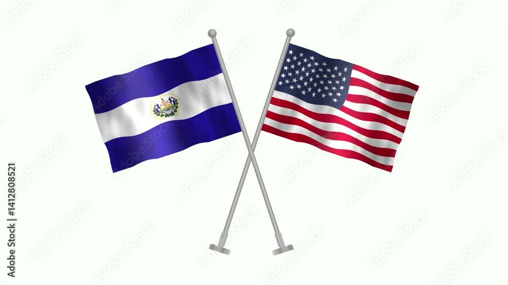 Flag of El Salvador and USA, Cross table flag of El Salvador and USA on white screen, El Salvador and USA 3D Animation flag waving in the wind isolated on white Background. 
