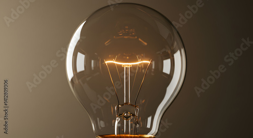 Illuminated Lightbulb Close-up with Glowing Filament on Neutral Background