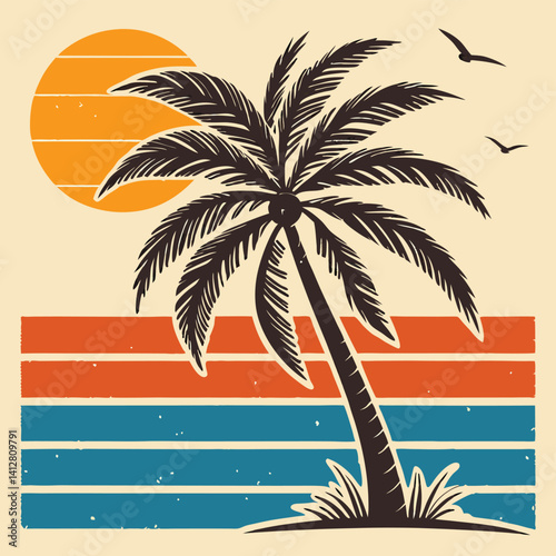 A palm tree silhouette on retro stripes with a sun background
