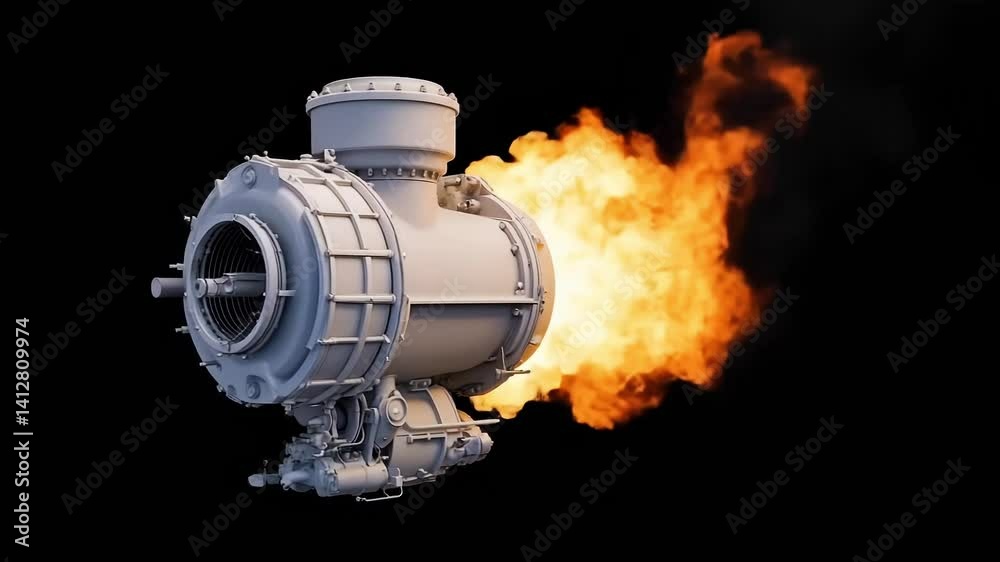 Jet Engine with Flames Producing Powerful Thrust in Dark Background