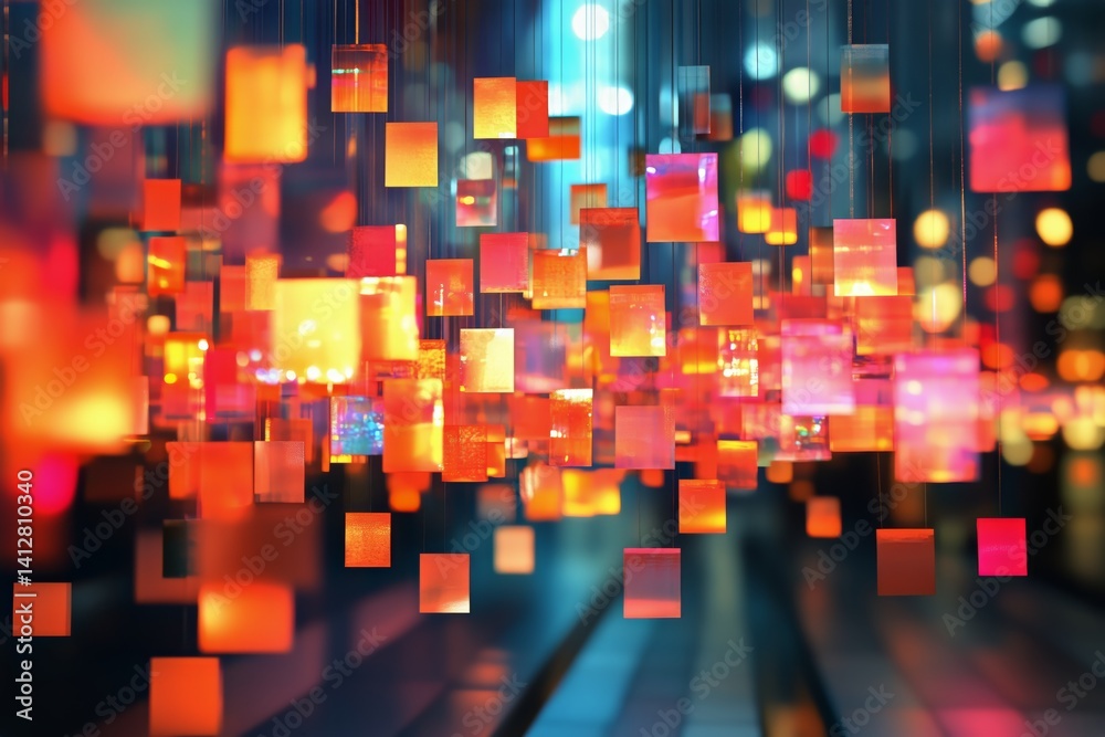 Colorful Geometric Shapes Floating in an Abstract Modern Art Installation at Night