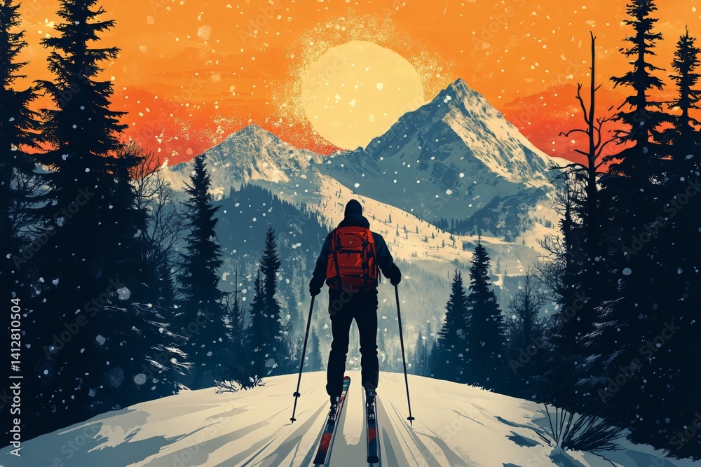 Skiing Through Snowy Mountains at Sunset With Vibrant Orange Sky