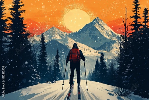 Obraz na płótnie Skiing Through Snowy Mountains at Sunset With Vibrant Orange Sky w salonie