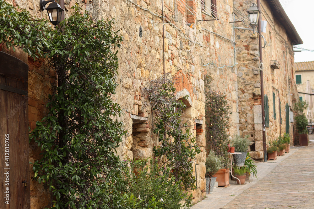 Fototapeta premium A rustic stone wall in Monteriggioni, Italy, featuring a wooden door surrounded by lush greenery in planters, evoking a charming and historic atmosphere.
