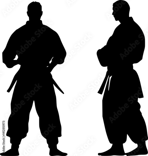 Two martial arts fighters are posing in silhouette, showcasing their stances and uniforms