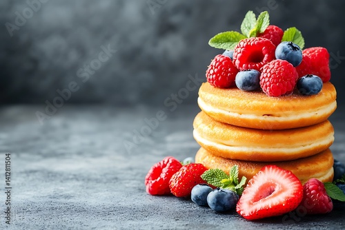 Stacked Pancakes with Berries on Dark Surface photo