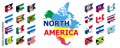 North and Central American flag set. Complete collection of flags of all states of north america with map