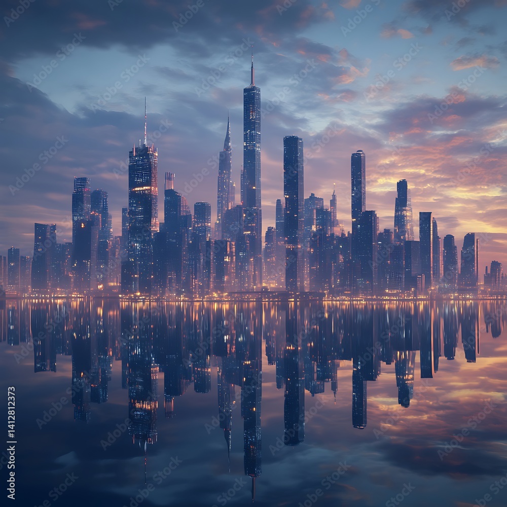 Fototapeta premium Stunning city skyline with towering skyscrapers reflecting in water