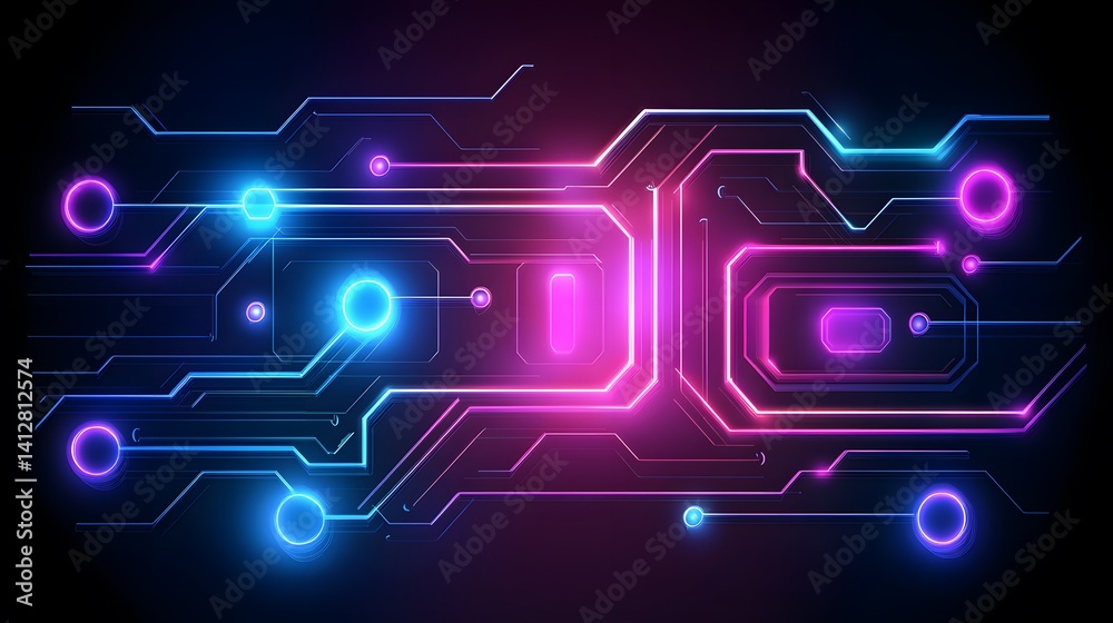 Neon circuit board design with glowing pathways. Neon circuit board design with glowing pathways.