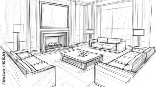 Interior sketch of a modern living room with fireplace and couch arrangement. Potential use for architectural design or furniture showroom
