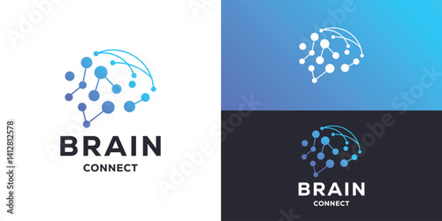 Modern brain connect logo template. Brain with molecule connection logo design vector illustration.