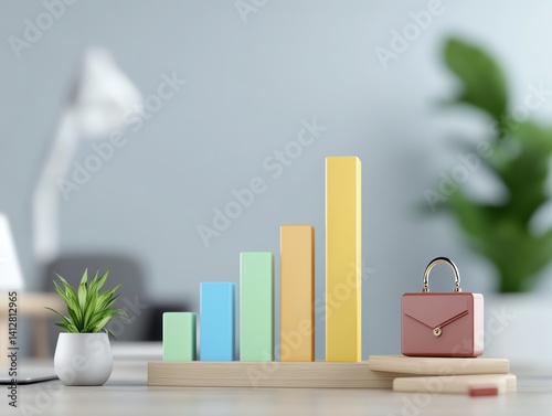 3D render of bar charts climbing stairs with briefcase icons, business strategy stepup photo