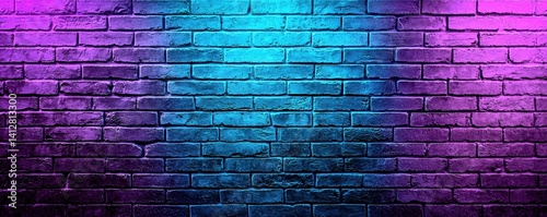 Obraz na płótnie A vibrant, illuminated brick wall featuring a gradient of blue and purple hues, creating a dynamic, artistic backdrop. w salonie