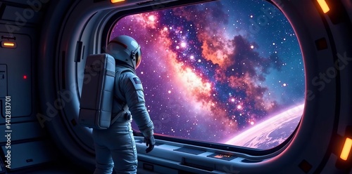 Fototapeta Naklejka Na Ścianę i Meble -  Astronaut looking out spaceship window at colorful galaxies and stars, universe, spaceship