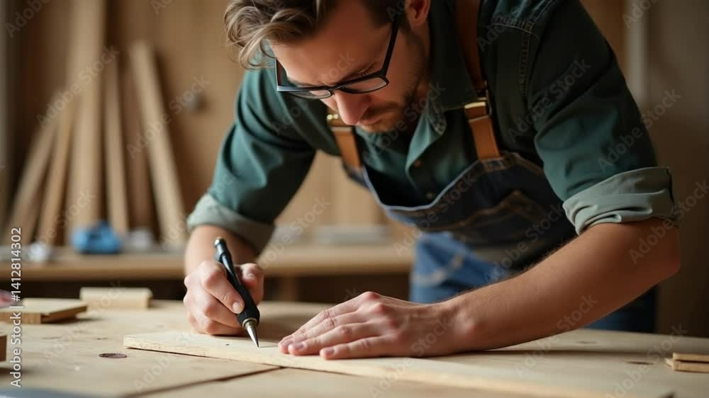 Focused Craftsman Marking Wood with Precision Cutting Tool in Workshop