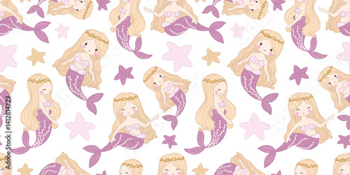 Adorable funny mermaid life seamless pattern
