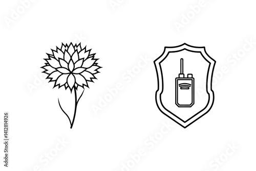 Minimalist Outline Drawing Of A Flower And Walkie Talkie On A Shield For Security And Communication Concept